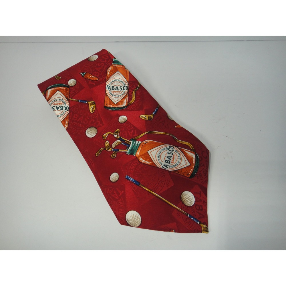 Tabasco 100% Silk Tie Men's Red Golf Hot Sauce Bottle Novelty Print USA Vintage